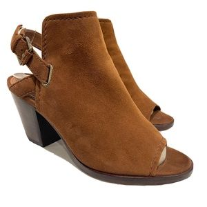 Frye DANI Brown Suede Leather Peep-Toe Stacked Heel Sandals Womens Shoe Size 6.5